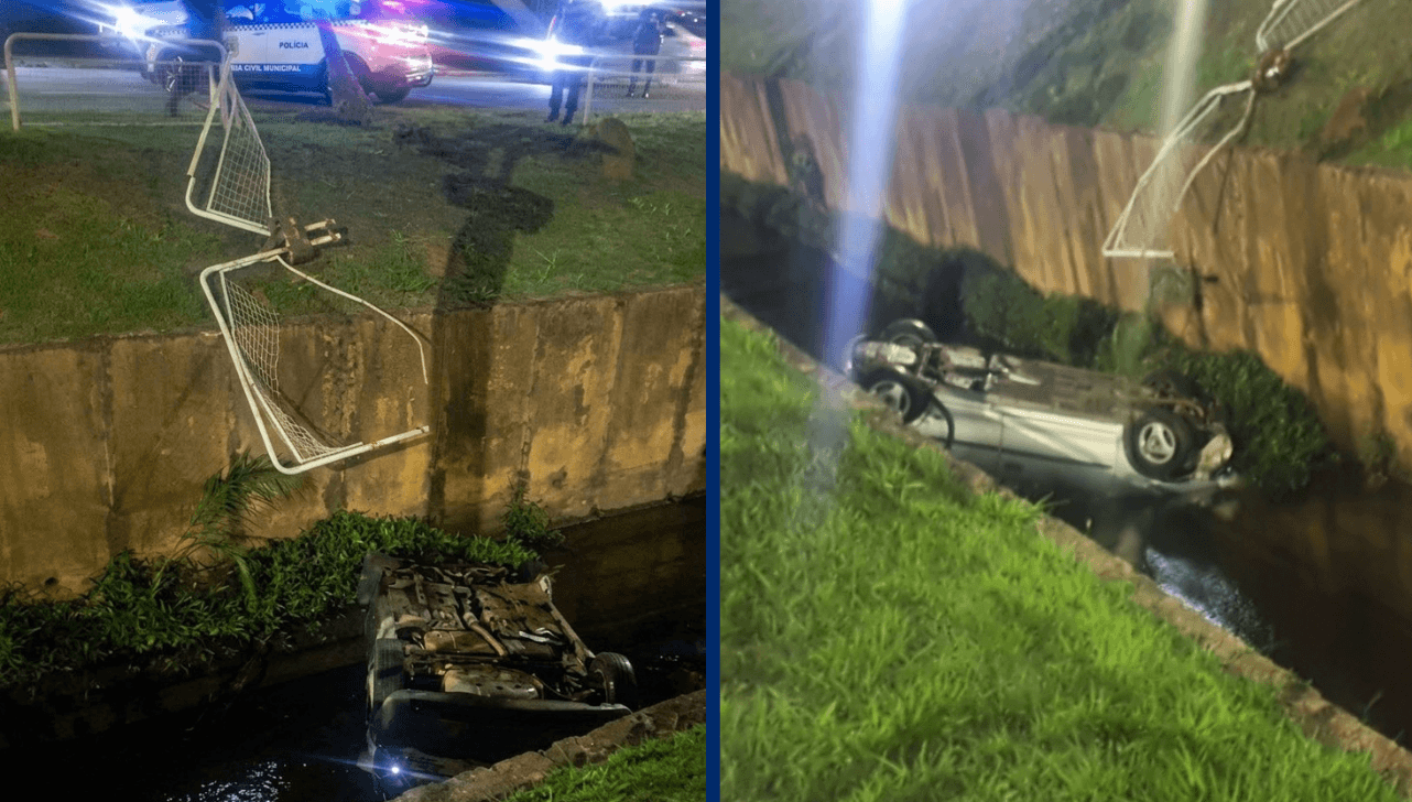 Carro cai no córrego da Avenida Brasil em Americana