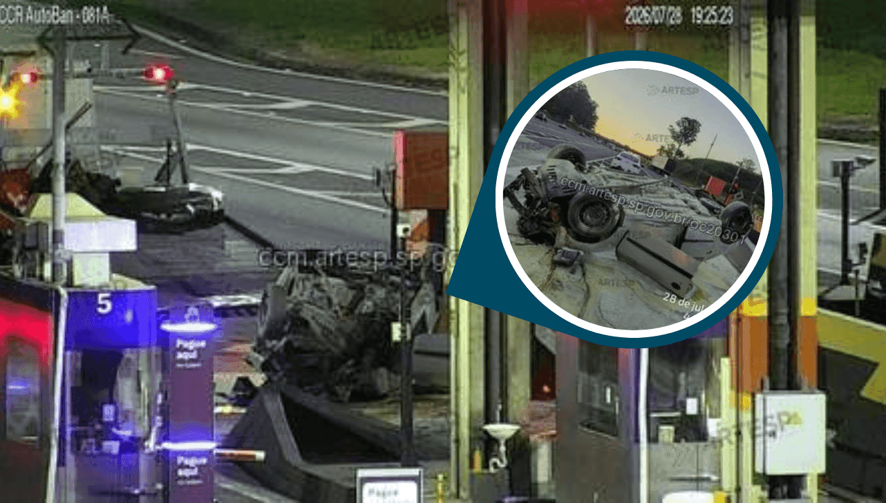 Carro capota após bater em barreira que divide pista de pedágio em Valinhos
